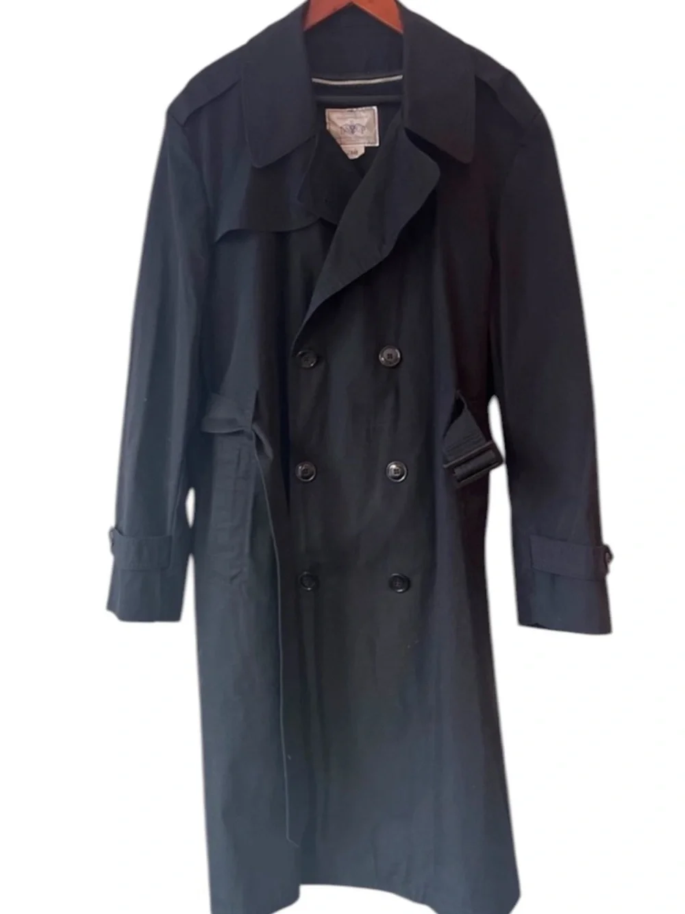 Military Tench Coat Mens 44R  Black Double Breasted Lined Belted Classic Preppy - Picture 3 of 9